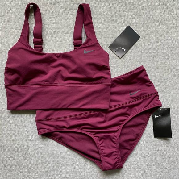 NIKE Swim Set New with tags Burgundy Red Workout Small Medium Sport Mismatch - Picture 1 of 14